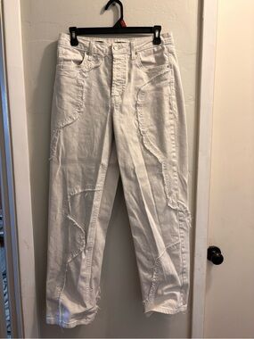 Women's White Straight Leg Jeans with Distressed Paneling